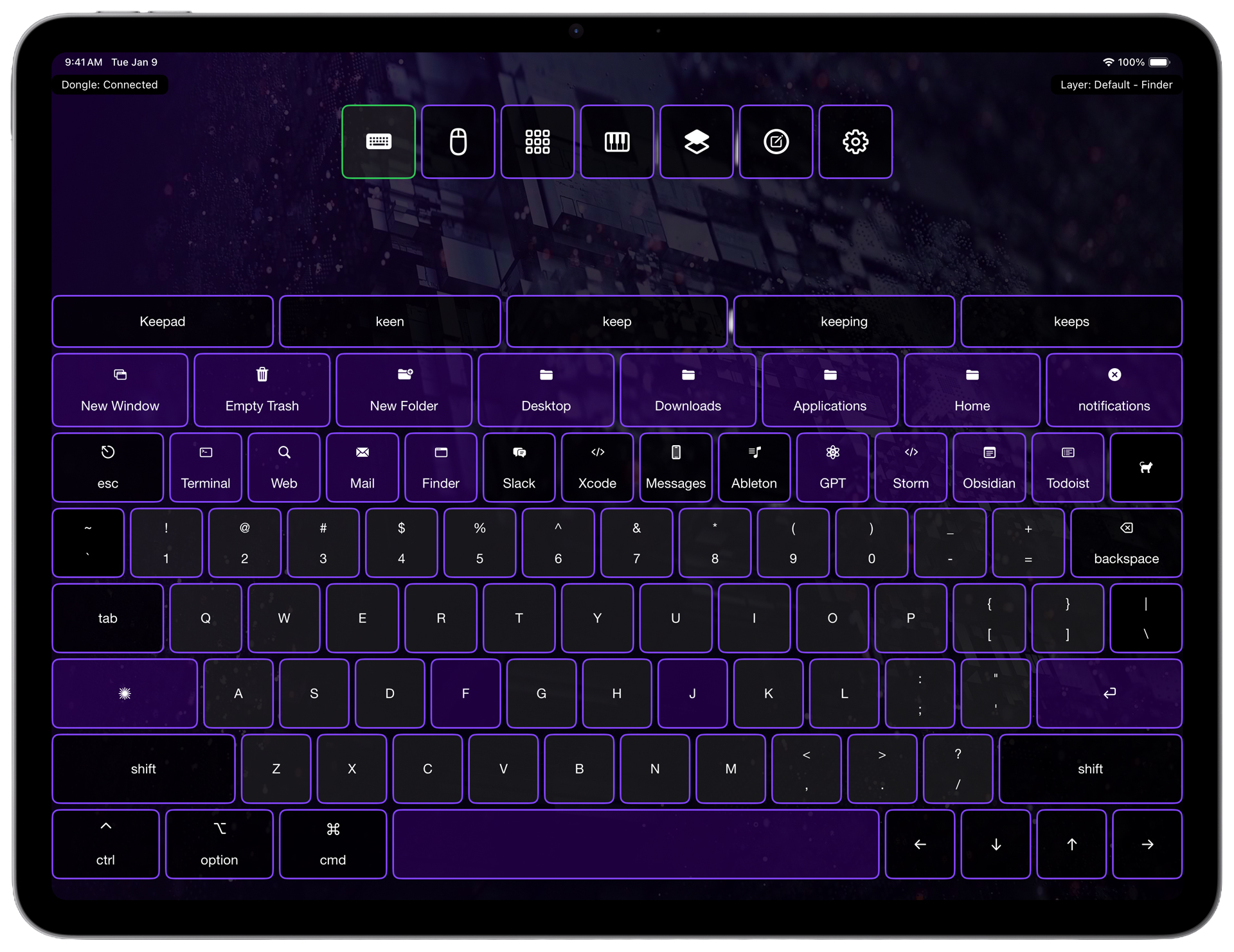 Keepad keyboard and custom shortcut controls on an iPad