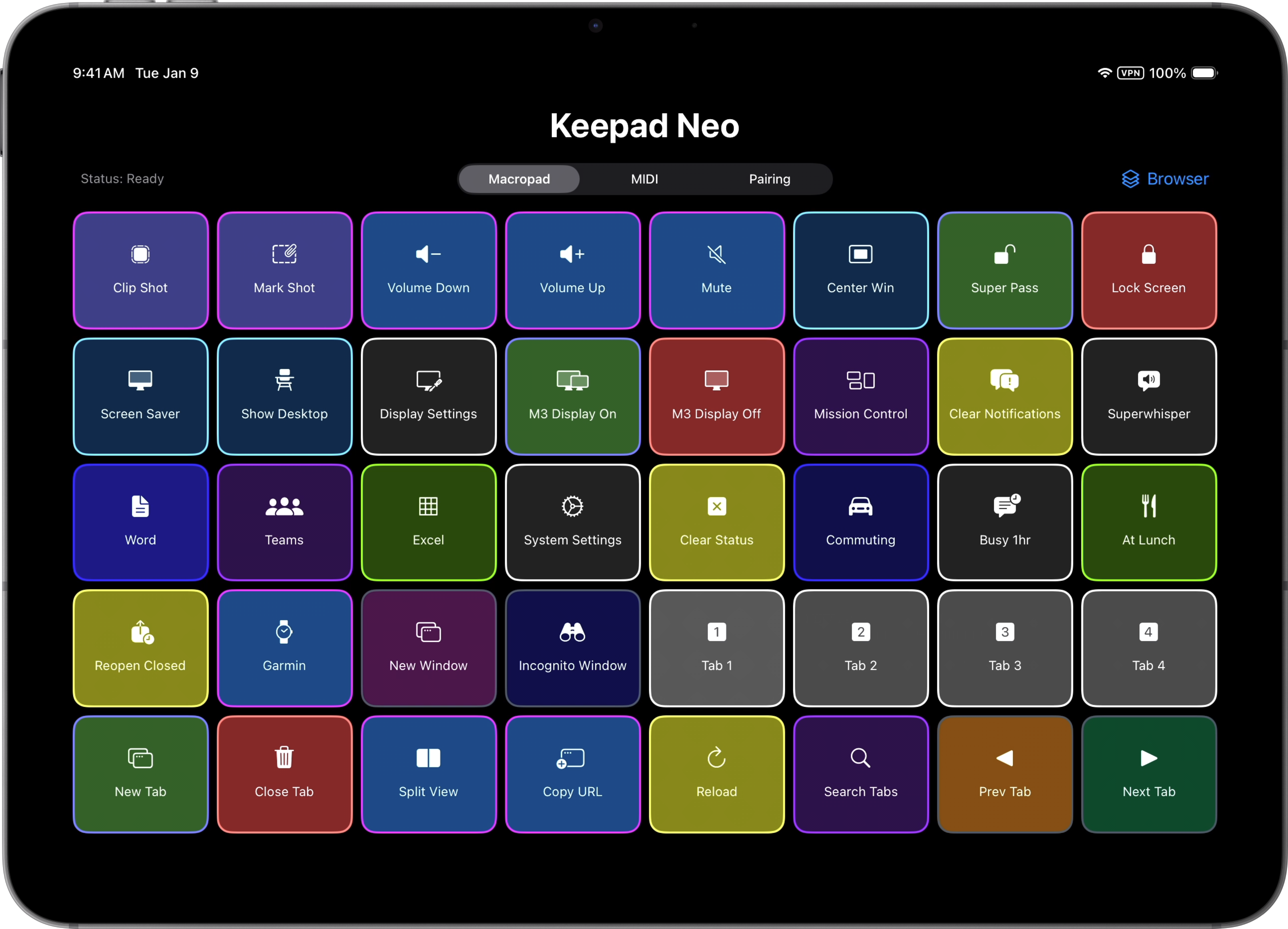 Keepad Neo shortcut layout with controls for Mac apps and window management