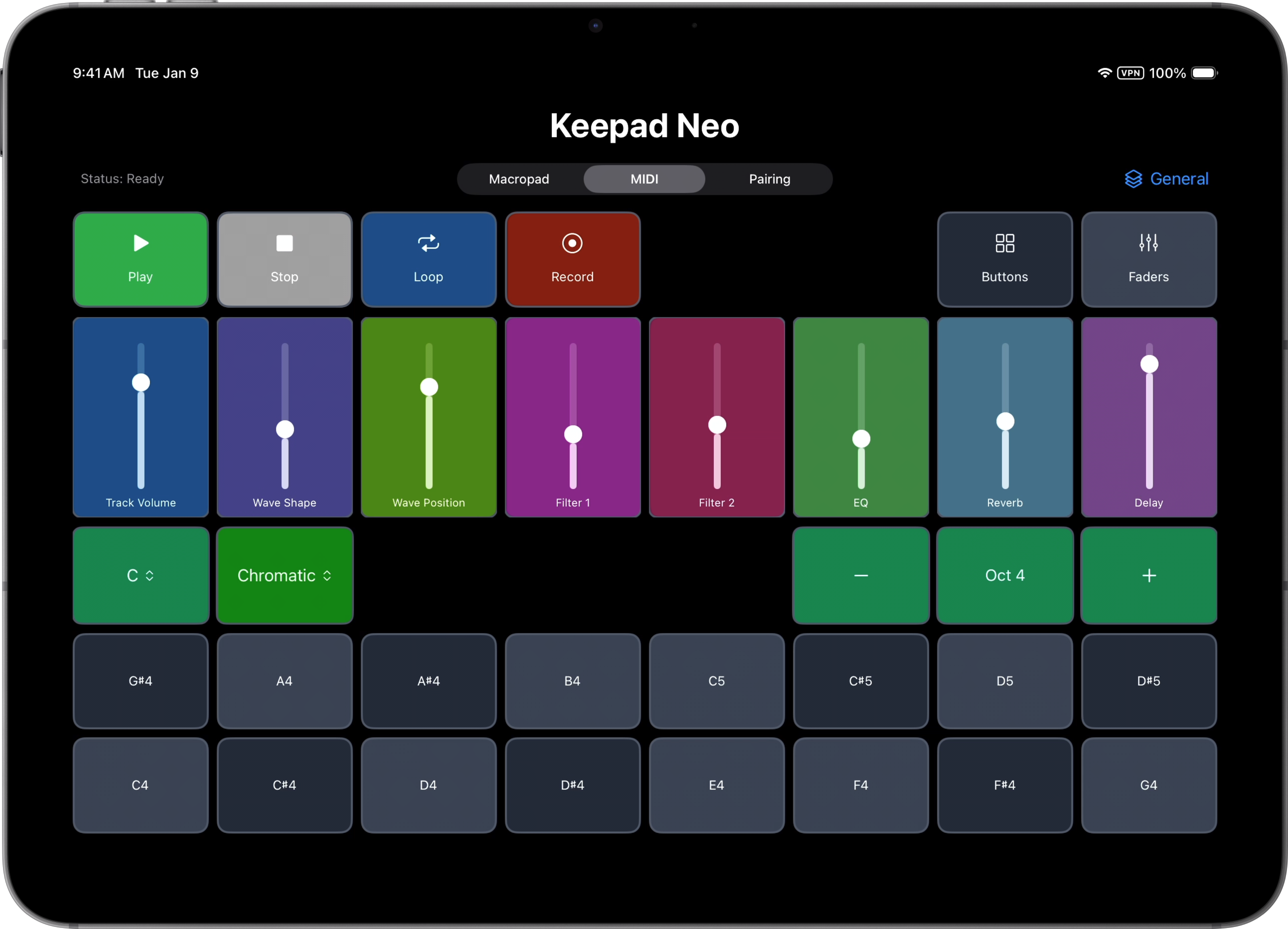 Keepad Neo MIDI surface with keys, pads, and controls