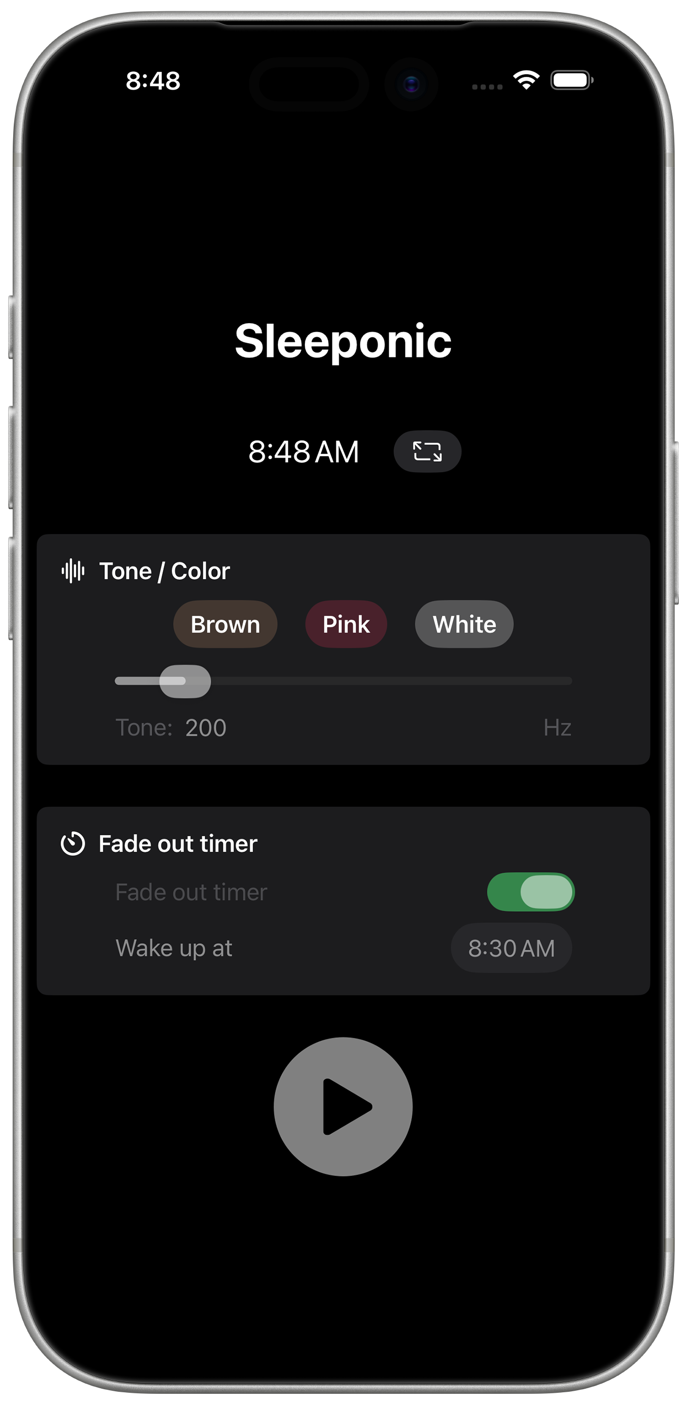 Sleeponic sound controls on an iPhone